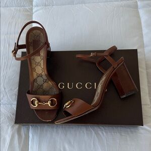 Gucci Tan Heeled Sandals with Horsebit buckle